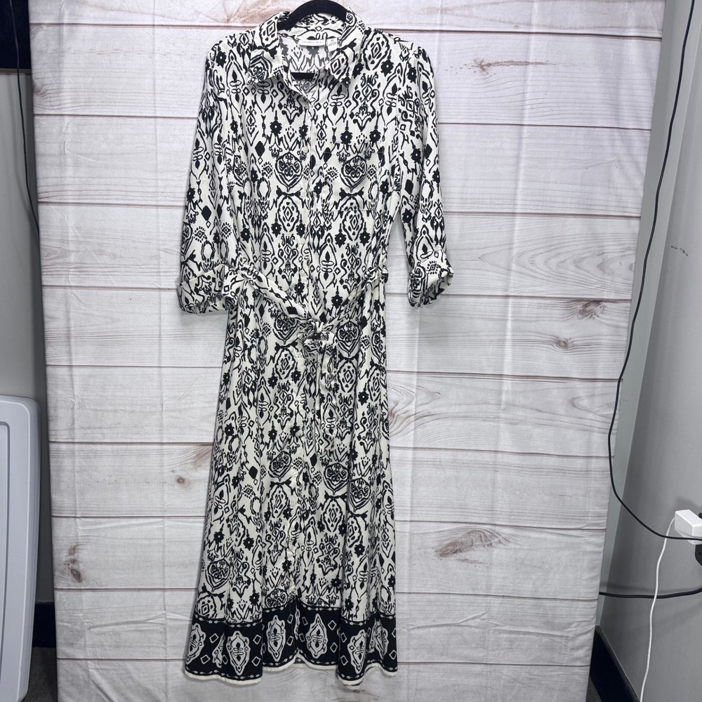 Sincerely Jules Womens Black White‎ Ikat Print Midi Shirt Dress Size M Roll Tab